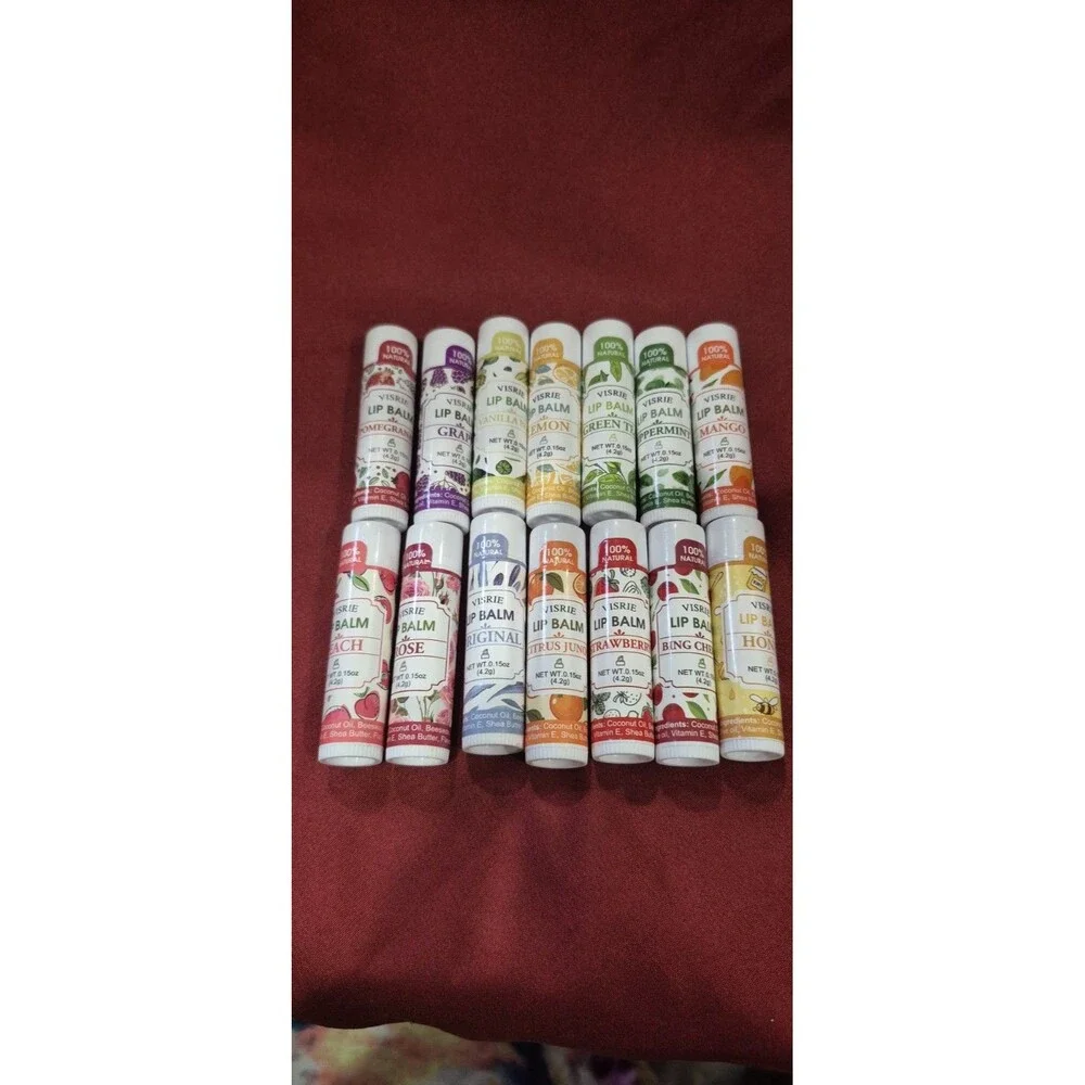 14 New Sealed Visrie Lip Balms Coconut Oil 14 Flavors Mango Green Tea Rose Peach
